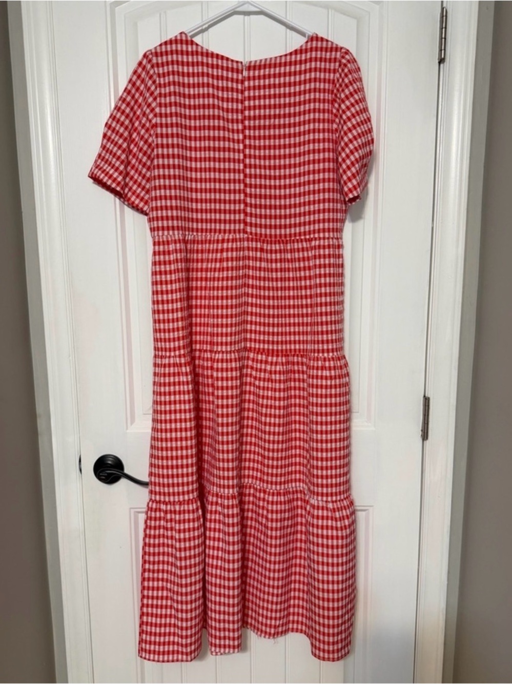 BiBi Red and White Gingham Short Sleeve Tiered Midi Dress with Sleeve Detail - Picture 4 of 5